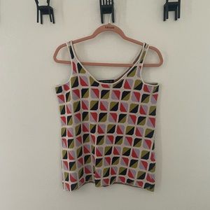 ELOQUII geometric sweater tank
85% viscose, 15% polyester.